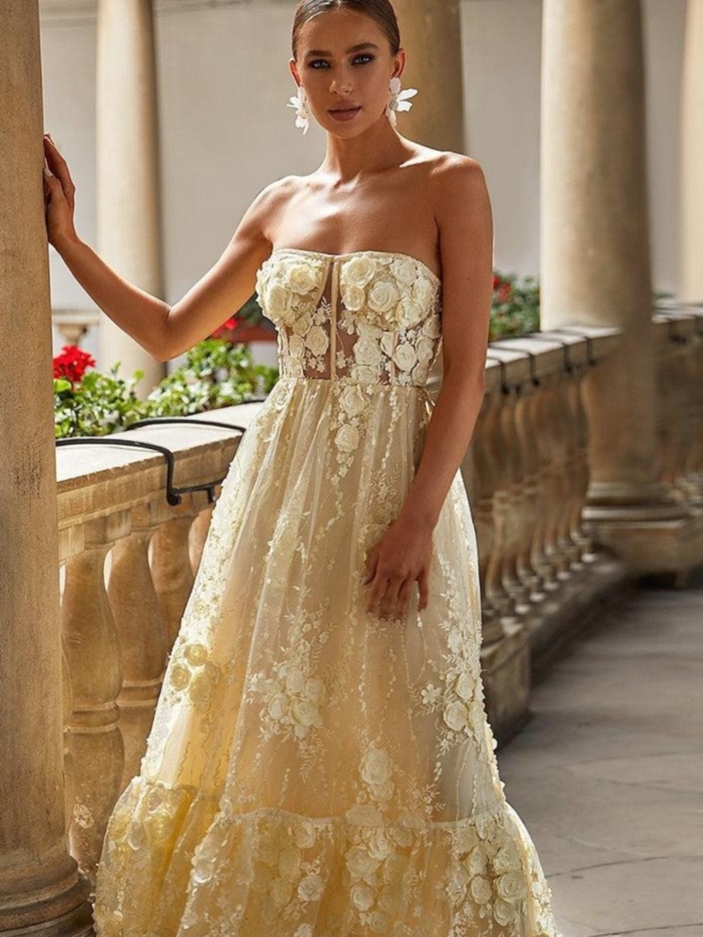 ALAMOUR THE LABEL Strapless Floral Appliqué Maxi Dress in Soft Yellow